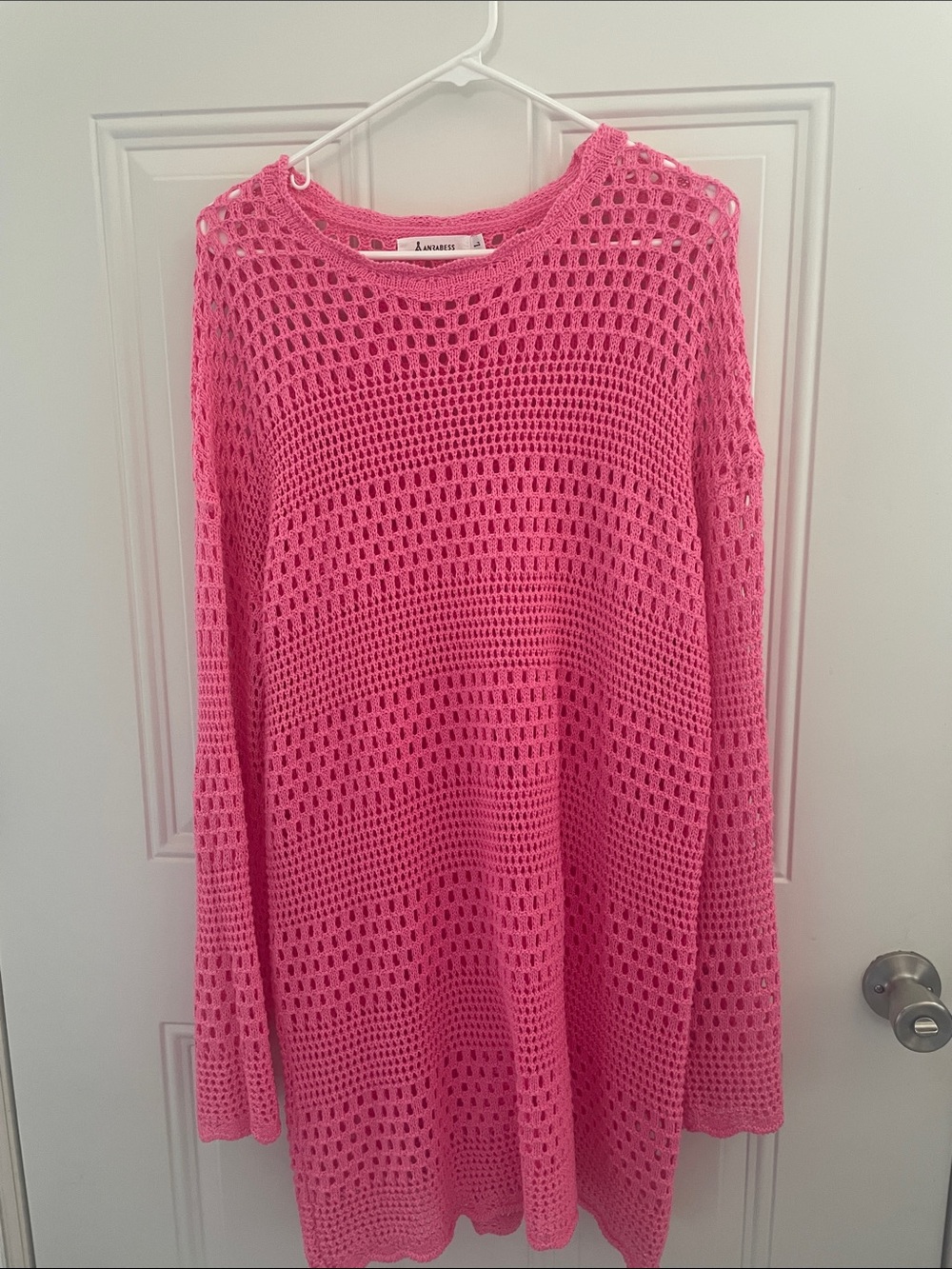 Open-Knit Crewneck Sweater in Bright Pink Dress